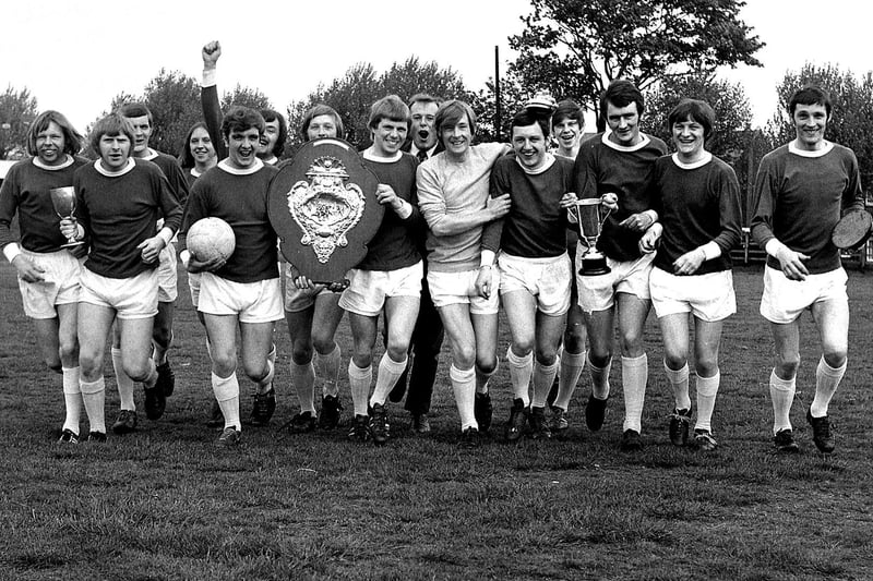 Celebrations as Bispham FC are champions of the 1971 Wigan Amateur Football League.