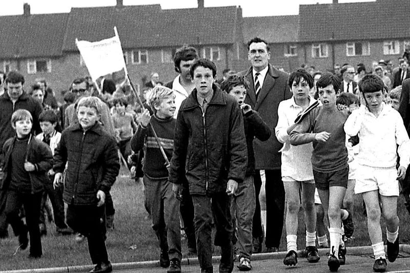 Celebrations as St Benedict RC Primary School as the football team lift the Hindley Junior Schools Cup in 1971.