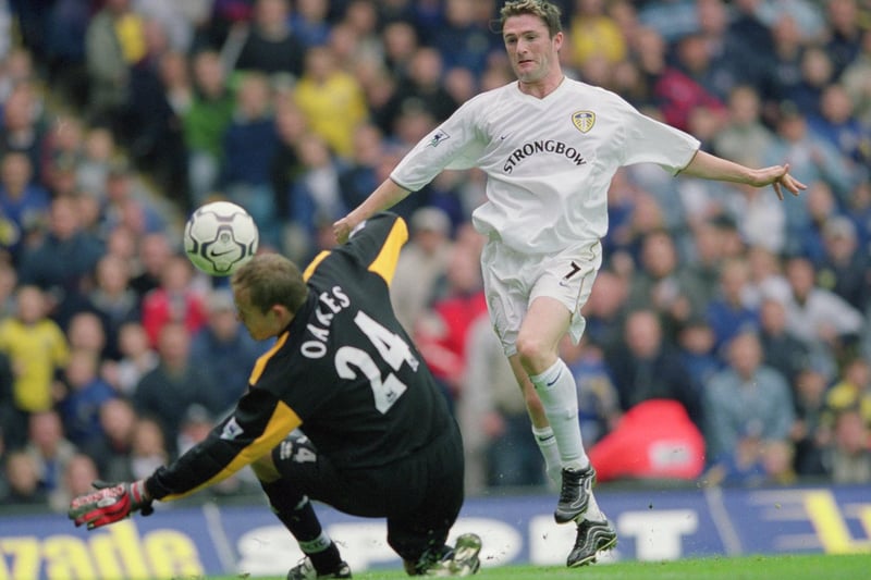 Robbie Keane has his shot blocked by Derby Couny goalkeeper during the  Premiership clash at Elland Road in September 2001. Leeds won 3-0.