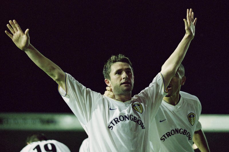 Robbie Keane celebrates scoring during the UEFA Cup round one clash against Maritimo at Elland Road in September 2001. He scored in 3-0 win.