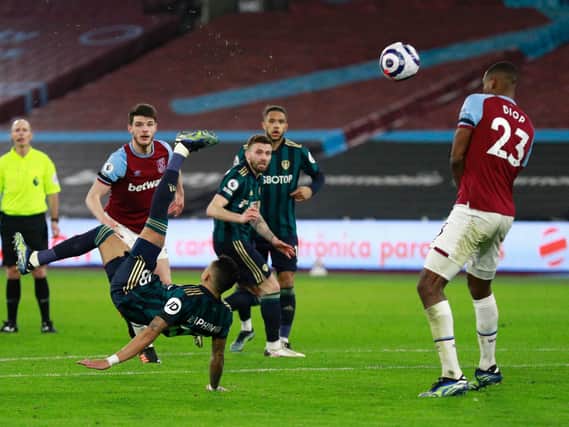The Whites had their chances and a deflected overhead kick from Raphinha, above, was tipped over the bar by Hammers 'keeper Lukasz Fabianski. Photo by Ian Walton - Pool/Getty Images.