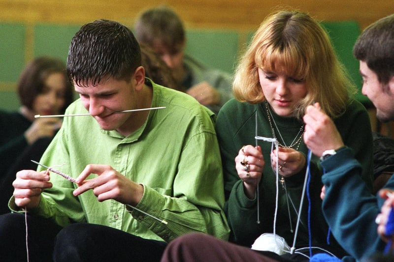 April 1998 and more than 100 sixth form students at Morley High took part in a sponsored knit at the school to raise funds for the Arthritis Research Campaign. Pictured are students James Tracey and Deborah O'Donnell.