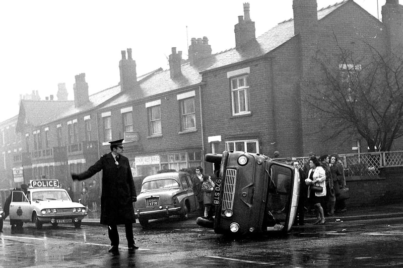 A serious RTA on Gidlow Lane, Beech Hill, involving a Bedford Van and a Hillman Minx saloon car in 1970