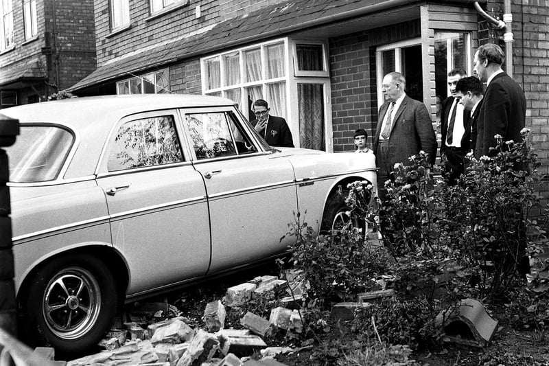A Rover 3.5ltr saloon crashes into a house at Worsley Mesnes in 1970