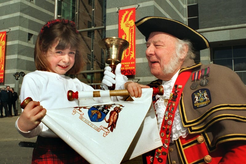 Rebecca Bennett is pictured outside the new building with  City of Leeds town crier Stanley Haigh.