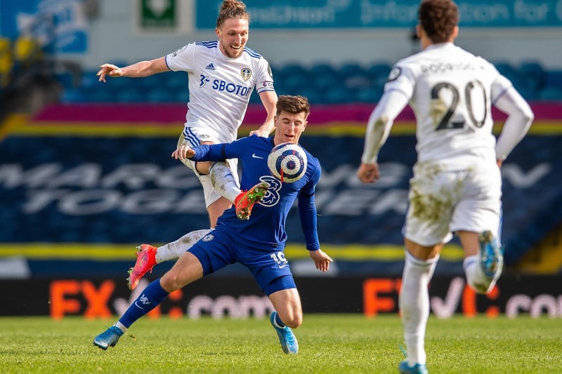 Luke Ayling challenges Mason Mount as the midfield battle for possession continues.