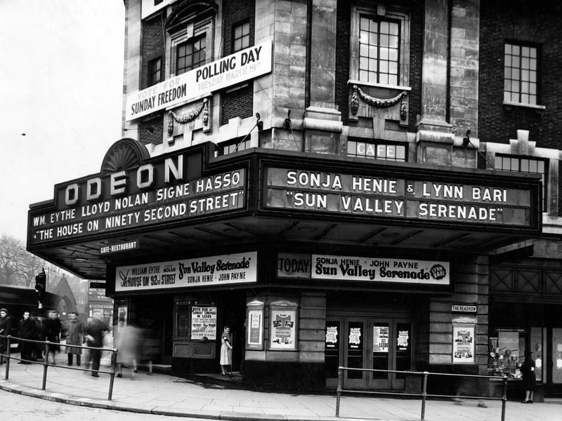 This cinema on The Headrow opened in February 1932 as the Paramount, and changed it’s name to The Odeon in 1940. A banner campaigning for the freedom to open cinemas on a Sunday.
