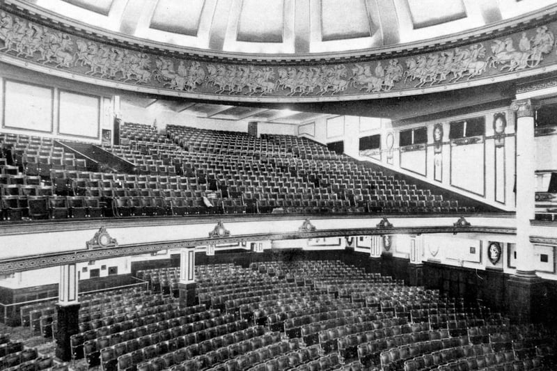 The Majestic on City Square opened in June 1922 and this photo shows the shows the seating and cinema's domed ceiling. Became a bingo hall in 1969, after closing as a movie theatre. The last film shown was The Good, The Bad and The Ugly.