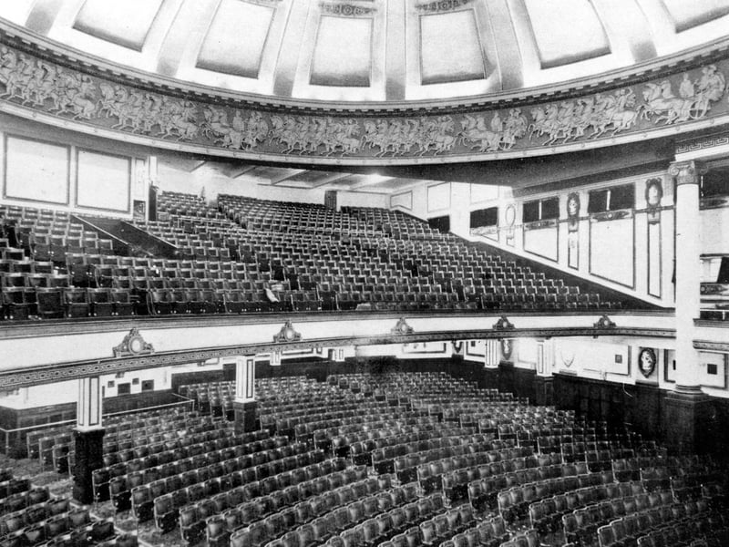 The Majestic on City Square opened in June 1922 and this photo shows the shows the seating and cinema's domed ceiling. Became a bingo hall in 1969, after closing as a movie theatre. The last film shown was The Good, The Bad and The Ugly.