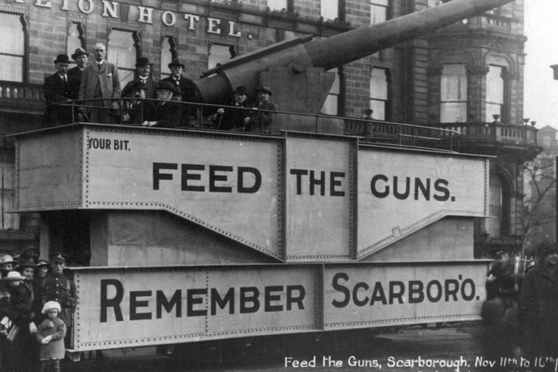 Parked outside the Pavilion Hotel, a tram converted to resemble a First World War tank. In the Feed the Guns campaign, in 1918, the public could pay to see inside a tank and thus raise money for the war effort.