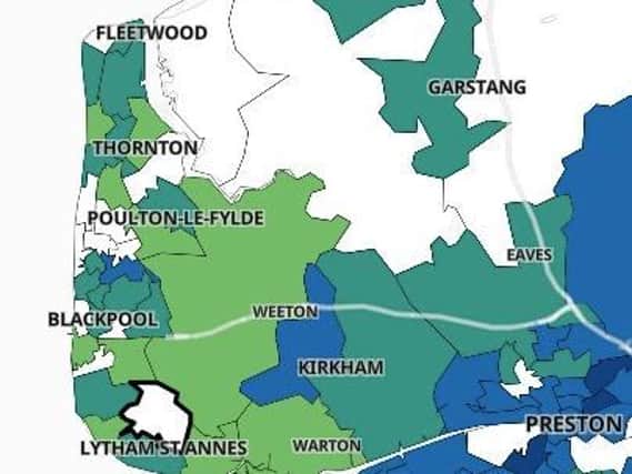 The areas of Blackpool, Fylde and Wyre with fewer than three cases of Covid.