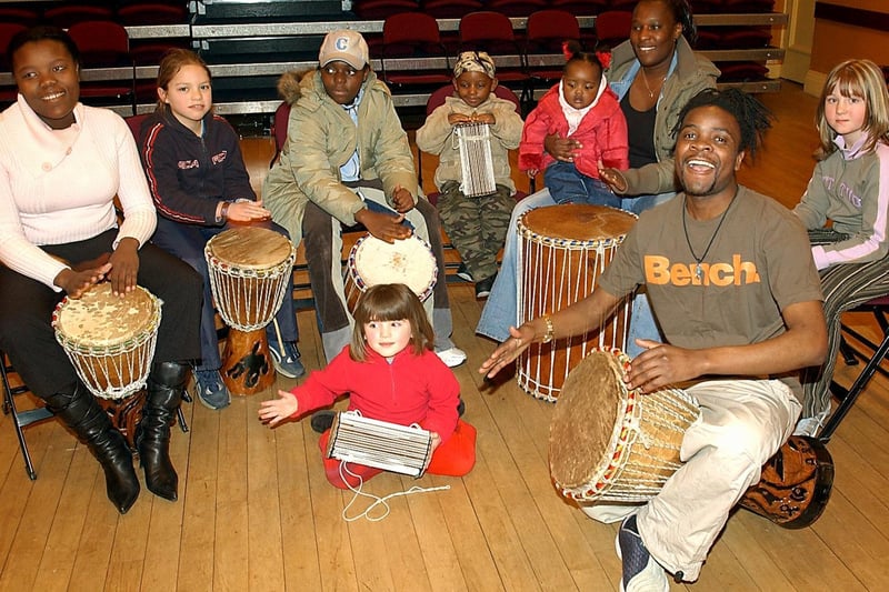 World Music and Dance Day activities at Thornton Little Theatre. Pictured is an African drumming and dance session with Owen Ncube (front, right) from Simba Art with some of his bongo session pupils