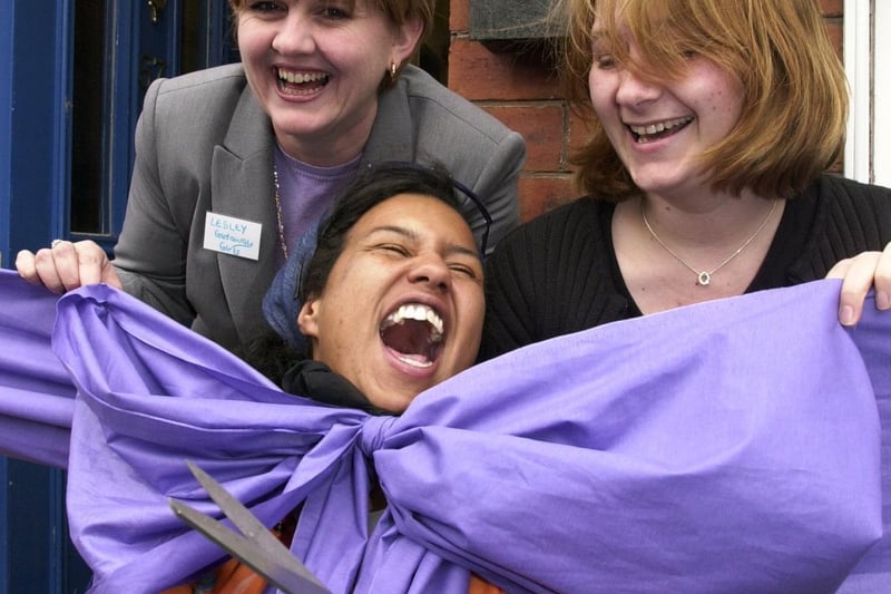 July 2001 and Galaxy 105 DJ Jo-Jo (centre) shares a joke with centre manager Lesley Craven and Sharon Elliott from the Lottery Community Fund at the opening of the Getaway Girls HQ on Bayswater Grove.