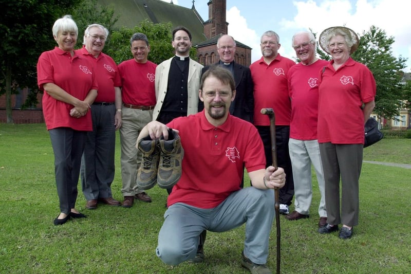 August 2001 and organiser John Drake with fellow walkers from St Aiden's Church who were planning on trekking 275 miles in North Yorkshire to raise money for Martin House.