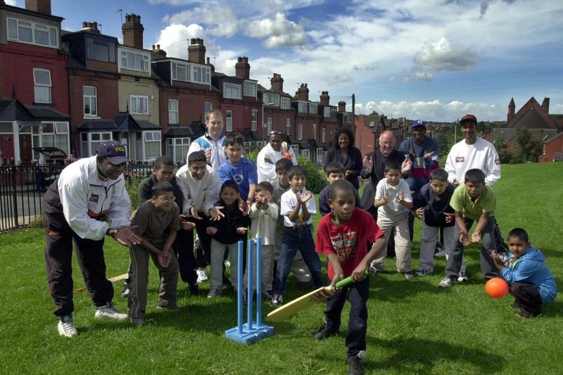 August 2001 and cricket coaching came to Harehills. Pictured is Shakeel Adams gets in some batting practice.