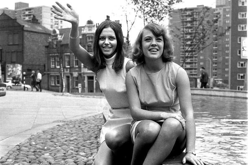 Two friends Lyn Parkinson and Marilyn Seddon enjoy the new fountain and water feature at Wigan International Swimming Pool in 1968
