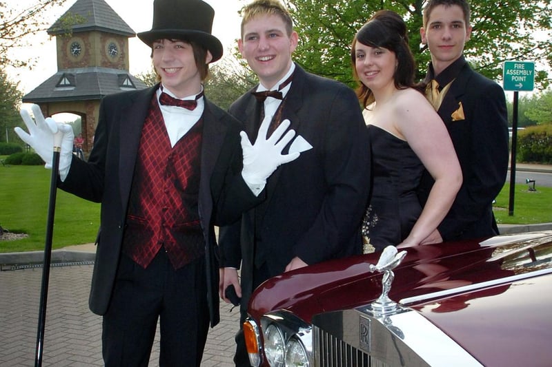 Collegiate High School prom at the De Vere Hotel, 2008. Arriving by Rolls-Royce L-R: Jack Creighton, Lewis Hall, Catherine Iredale and Tom Lofthouse.