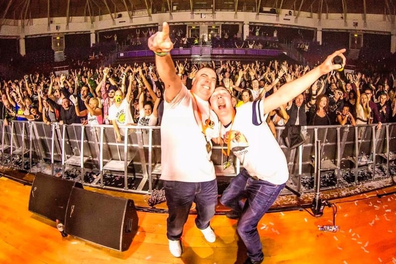 Promoter Rob Denwood and MC Lee Watson, both from Morecambe, with the crowd at the 'Dance Decades' event at Preston Guild Hall in 2016