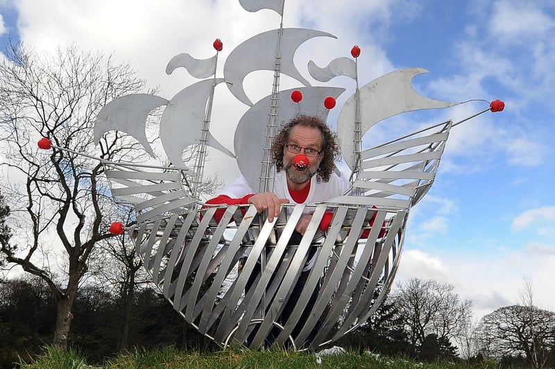 Yorkshire sculptor Steve Blaylock with the Blue Peter Ship sculpture at RHS Harlow Carr, Harrogate, which was auctioned off for Comic Relief. Picture: Gerard Binks.
