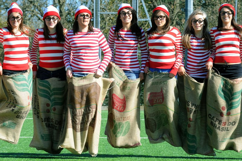 Year 11 pupils from Rossett High School in Harrogate dressed as 'Where's Wally' in the sack race which 1,400 pupils and staff took part in to raise money for Comic Relief. Picture: Gary Longbottom.