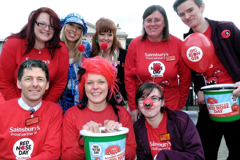 Pictured from left at the Red Nose Day event in Ripon Market Place are Sainsbury's staff Richard Cann, Joanne King, Jessica Marcola, Faye Sutcliffe, Liz Smitten, Annette Hullah, Caroline Young and Josh Watson. Picture: Marcus Corazzi.