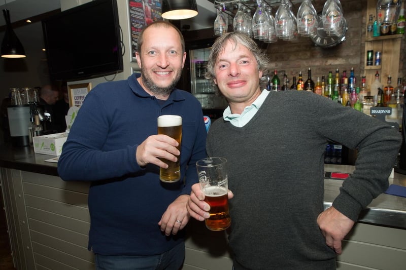 Dave and Colin catch up over a pint, in 2015.