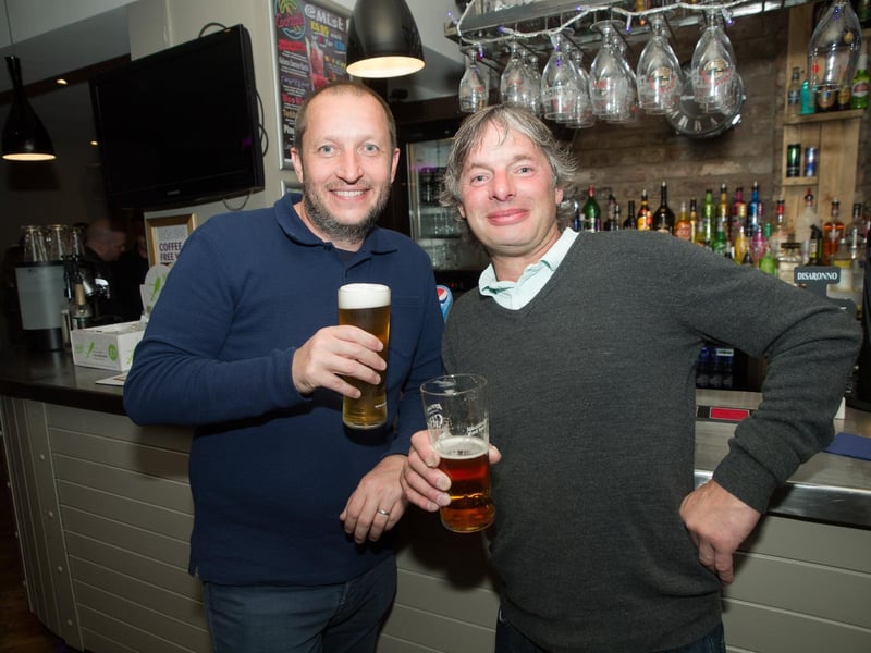 Dave and Colin catch up over a pint, in 2015.