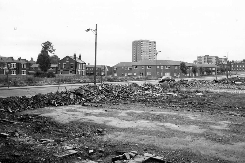 Domestic Street in February 1980. In the foreground is an area of wasteland which was to be developed as Ingram Gardens. On the left of the picture is the Order of Druid's Working Men's Club.