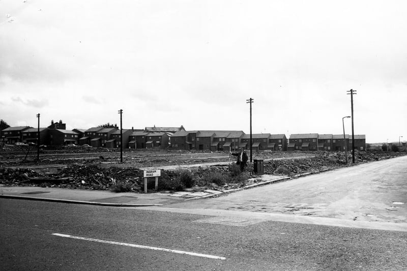 September 1980 and pictured is the junction of Ingram Road and Domestic Street showing clearance site and new council houses in the background.