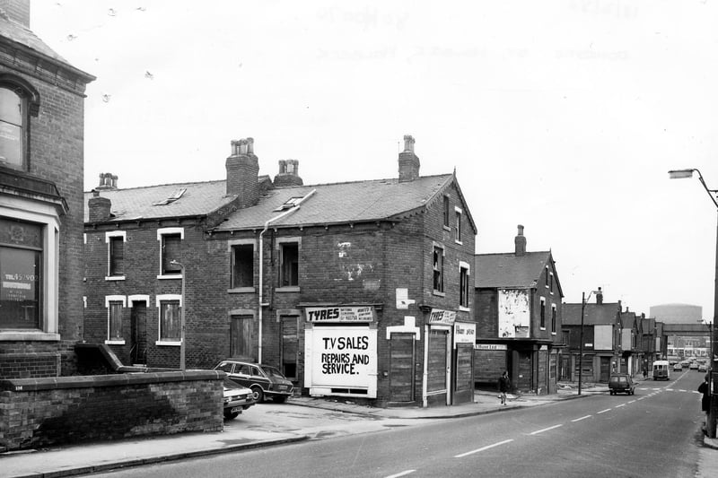 Febraury 1980 and houses and shops on Willoughby Avenue in the foreground, then Willoughby Grove, Willoughby Place and other Willoughbys, are all boarded up, due to be demolished.