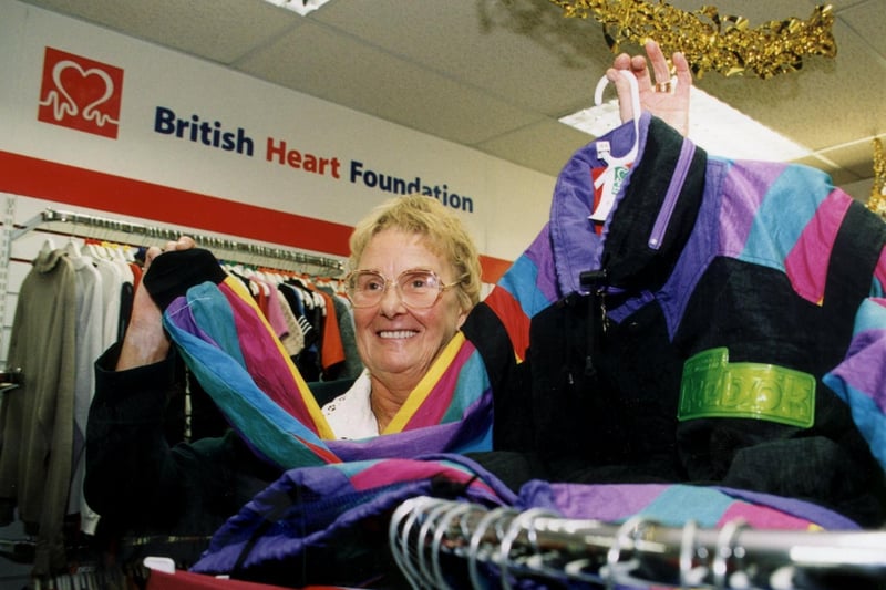 This is Audrey Cooper, a volunteer at the British Heart Foundation's Armley charity shop. She is pictured in December 1999.