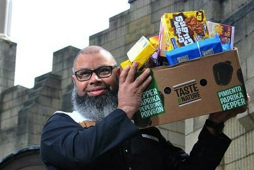 Saeed Atcha at Jamea Masjid mosque on Clarendon Street, Preston with a small portion of the food they have collected for the Salvation Army food bank.