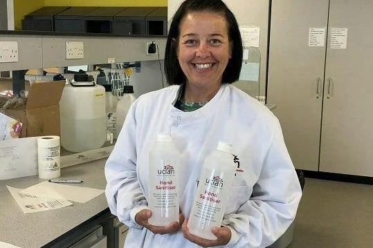 UCLan technicians, including Terri Blohm pictured, created and distributed 120 litres of free hand sanitiser to local care homes.