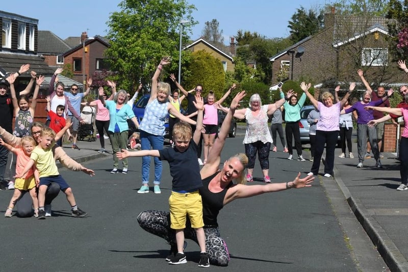 Louise Ross leading the safe distance zumba class in Elmwood Drive, Penwortham