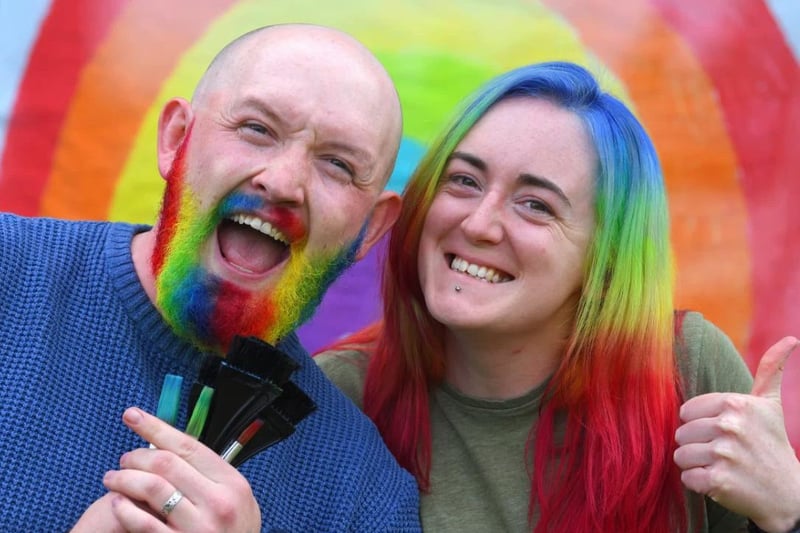 Jason Overell has had his beard dyed in rainbow colours in support of his wife Heather Mary who works at Preston and Chorley hospitals