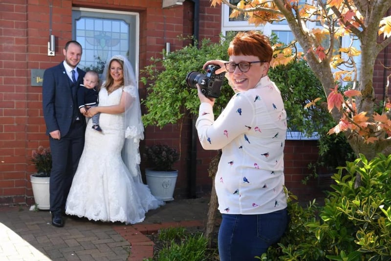 Christina Davies of Fish 2 Photography has raised over £300 by photographing families on their doorsteps during lockdown, including Ben and Bridget Mashiter in their wedding outfits with son Albert, 10 months