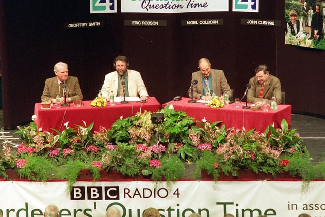 BBC Radio 4 Gardeners' Question Time was held at Leeds Town Hall. Pictured are members of the panel, left to right, Geoffrey Smith, Eric Robson, Nigel Colborn and John Cushnie.