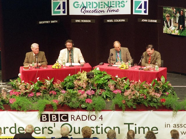 BBC Radio 4 Gardeners' Question Time was held at Leeds Town Hall. Pictured are members of the panel, left to right, Geoffrey Smith, Eric Robson, Nigel Colborn and John Cushnie.