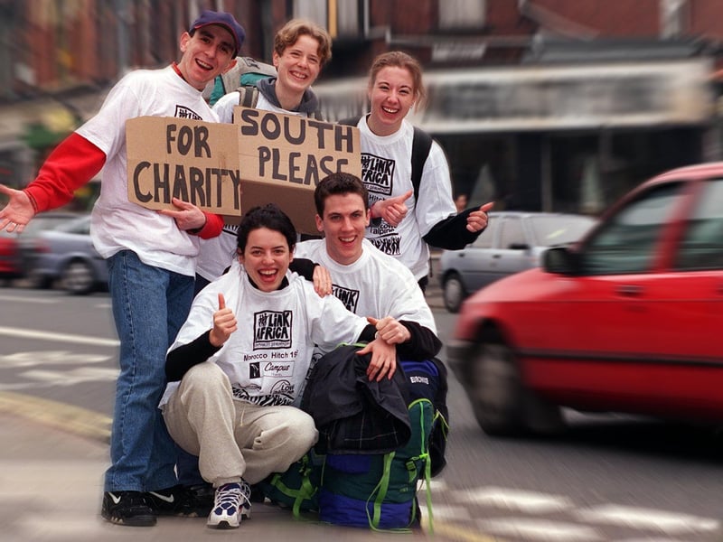 University of Leeds students were setting off for Morroco on a sponsored hitch hike for the charity 'Link Africa'. Pictured are, back, Hassan Abassi, Sarah Wilson and Elle Perkins. Front: Sarah Arbia and Andy Curran.