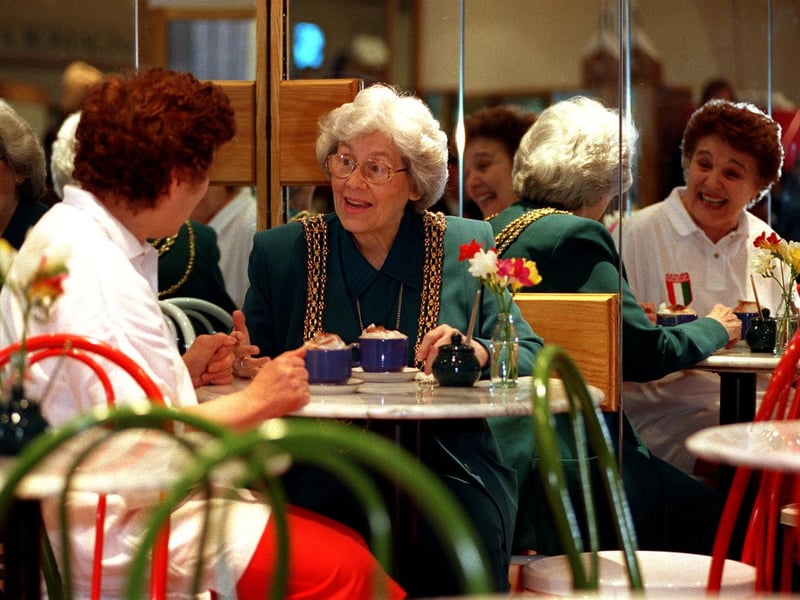 Lord Mayor of Leeds, Coun Linda Middleton, has a chat over a coffee at Pasta Romagna with owner Gilda Porcelli at the opening of their new mirrored extension in Albion Place.