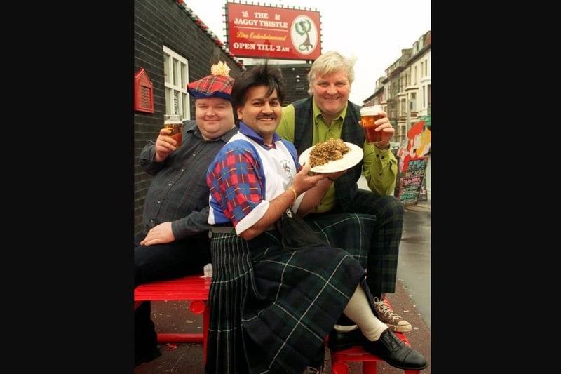 The Jaggy Thistle pub, Blackpool prepare to celebrate Burns night with curried Haggis. L-R Jaggy Thistle resident comedian Ricky Lane, manager of the Shalimar Restaraunt Waseem Chohan and Jagyy Thistle landlord Ian Campbell