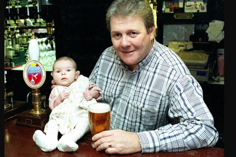 Cartford Arms, Little Eccleston, Nr. Blackpool. Landlord ANDREW MELLODEW his seven weeks old daughter Beth and a pint of Beths Arrival beer brewed at the Hart Brewery, Little Eccleston. The beer will be premiered at the Fleetwood Beer Festival.