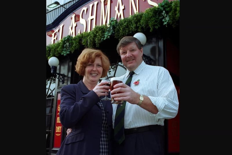 Best Town Centre Pub Blackpool was won By Flashmans in 1997
Talbot road pic left Elizabeth Farrell, with Landlord John Farrell