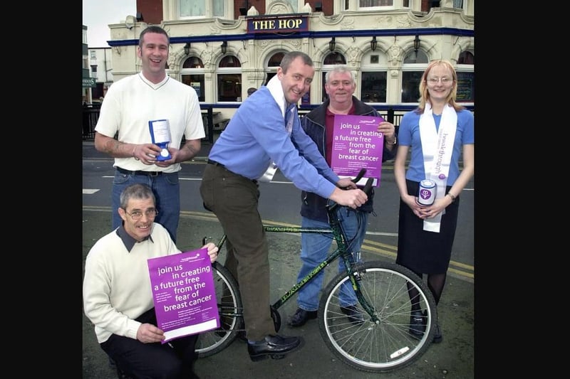 Landlord of The Hop Inn Iain Davies, along with several other regulars and staff, will be riding from Bournemouth to Blackpool to raise money for the Breakthrough Breast Cancer charity.
Pictured with Iain on bike are L-R: Tony Hargadon, Steve Higgs, Kevin Houghton and Caroline Cooper.