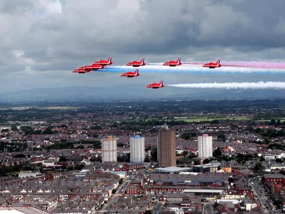 The Red Arrows arrive in Blackpool, over the former Layton Queenstown flats in 2015