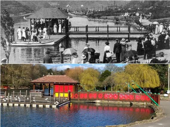 Top: Peasholm boathouse in 1912. Bottom: The boathouse today.