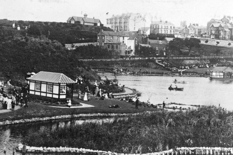 A view of Peasholm island and lake looking towards North Marine Road, with the Clifton Hotel in the distance.