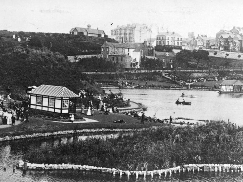 A view of Peasholm island and lake looking towards North Marine Road, with the Clifton Hotel in the distance.