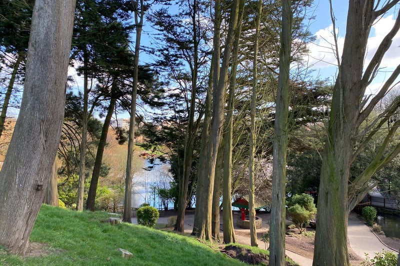 A view over the lake taken from a similar viewpoint today is very different as many mature trees have now established themselves in the park.