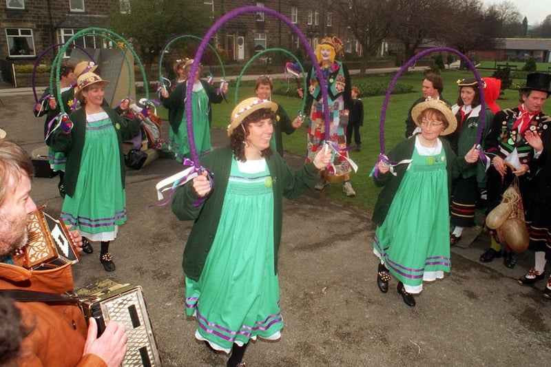 April 1996 and members of the Buttercross Bells held a weekend of dance in Otley. They are pictured near Wharfe Meadows Park.